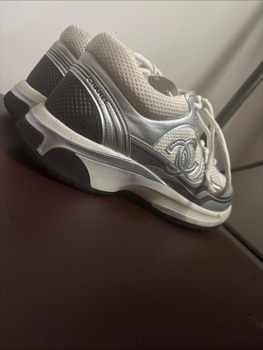 CHANEL White and Silver Mesh Platform Sneakers - Picture 3 of 6